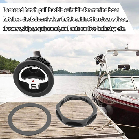 Durable marine cam latch with flush mount fits 2.5 inch hole displayed on a boat dock next to a red boat.