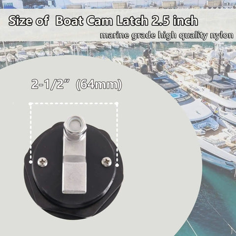 Top view of durable marine cam latch with flush mount fits 2.5 inch hole, crafted from tough nylon and stainless steel cam bars.