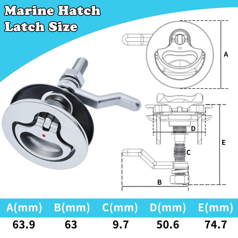 Marine grade 316 stainless steel cam latch with back plate and adjustable arm delivers secure, flush hatch access, corrosion resistant, rust proof, mirror polish finish, installation screws included