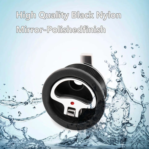 Durable marine cam latch with flush mount fits 2.5 inch hole in black nylon and stainless steel, front view