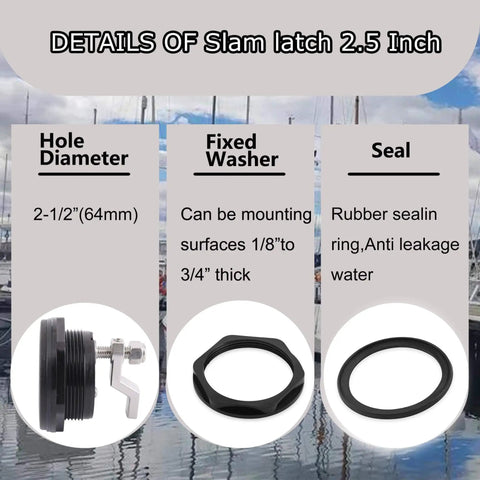 Details of marine cam latch showing 2.5 inch hole diameter, fixed washer, and seal for durable marine cam latch with nylon body and 316 stainless steel cam bars delivers secure, flush mount locking for 2.5 inch hole cutouts, ensuring corrosion resistance, easy installation, and long service life on boats.