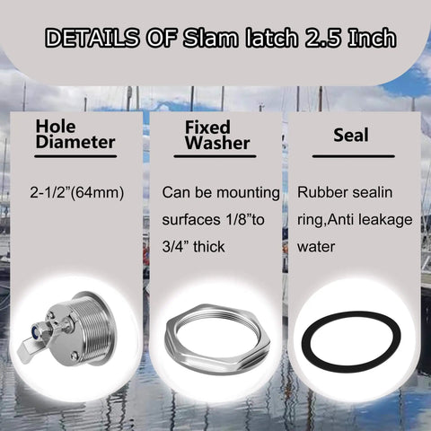 316 Stainless Steel Boat Cam Latch Non Locking Marine Grade O Handle Fits Two And One Half Inch Hole Mount Latch Durable Weatherproof Hardware For Boats And Seacraft details with rubber seal and washer.