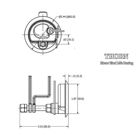 Technical drawing of two piece marine cam latch set in 316 stainless steel with dimensions, viewed from top and side.