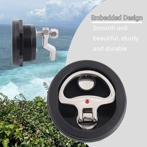 Durable marine cam latch with flush mount fits 2.5 inch hole, nylon with stainless steel cam bars and O handle, side view