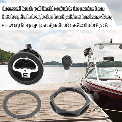 Durable marine cam latch with nylon body and 316 stainless steel cam bars for 2.5 inch hole cutouts on dock next to boat.