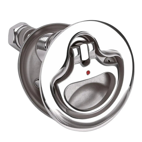 Stainless steel marine cam latch for boats with red indicator and mounting screws (front view)