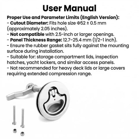 Marine grade 316 stainless steel boat cam latch set fits 52mm hole cutouts and 1/2 to 1 inch panels manual and components