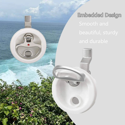 Marine Grade White Nylon Boat Cam Latch With O Handle Flush Mount Fits Two And A Half Inch Hole Non Locking Latch in scenic setting.