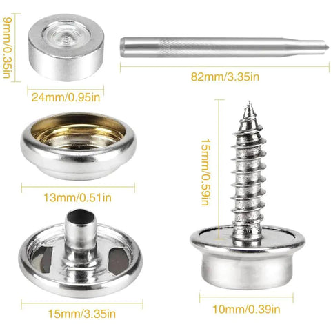 Dope Canvas Snap Kit With Marine Grade Stainless Steel Snaps And Screws 150 Piece Set includes tools and snap measurements.
