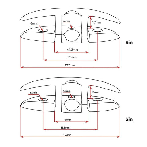 Stainless steel marine folding cleat for yachts and kayaks; front-view diagram with mounting holes and dimensions.