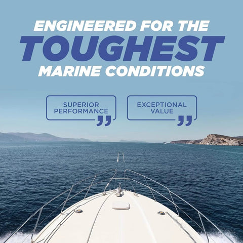 Boat on water with text 'Engineered for the toughest marine conditions' and quotes 'Superior performance', 'Exceptional value'.