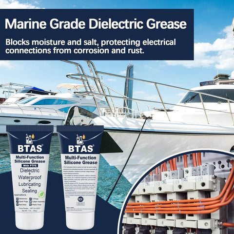 BTAS Dielectric Grease for Electrical Connectors Automotive Spark Plug Boot Battery Terminal Marine Dialectical Electronics Wiring Die Electric Contact Silicone Dialectric Grease 1 oz 1 Pcs shown with marine applications and electrical wiring.