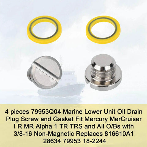 4 Pack Marine Lower Unit Drain Plugs For Mercury MerCruiser Outboard Gear Case Thread Size Three Eighths By Sixteen With Gaskets Magnetic And Non Magnetic Screws Kit For Quick Leak Proof Seal And Easy Maintenance shown with two yellow gaskets and two non-magnetic plugs against a marine backdrop.