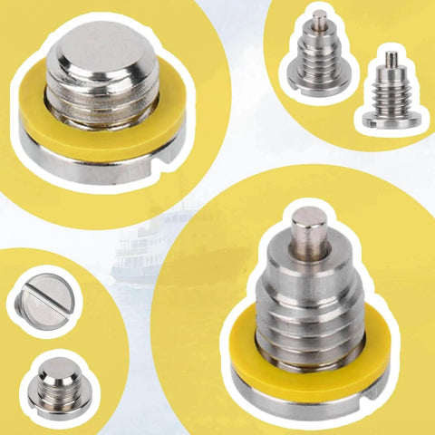4 Pack Marine Lower Unit Drain Plugs For Mercury MerCruiser Outboard Gear Case Thread Size Three Eighths By Sixteen With Gaskets Magnetic And Non Magnetic Screws Kit For Quick Leak Proof Seal And Easy Maintenance, showing a close-up view of metallic plugs and gaskets.