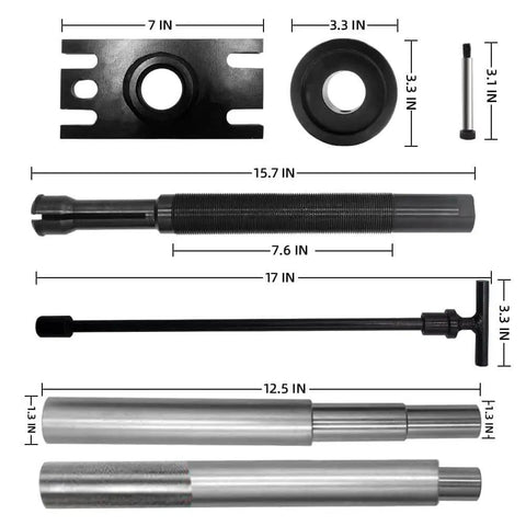 Mercruiser Engine Alignment Tool And Gimbal Bearing Puller Set For Alpha, Alpha One, MR, Bravo, OMC, And Volvo, showing parts dimensions