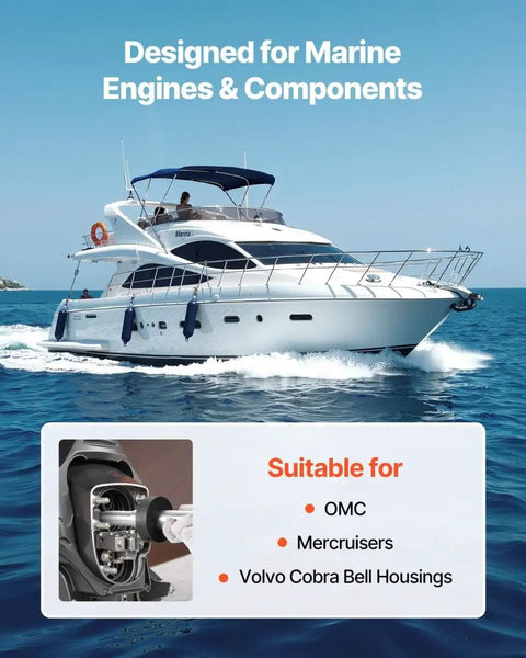 Boat on water with inset showing compatible engines: OMC, Mercruiser, Volvo Cobra; related to Alpha Bravo Gimbal Bearing Alignment Puller Set