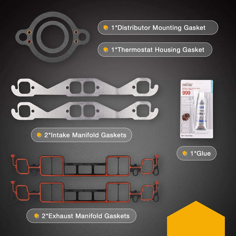 5.7L Engine Head Gasket Set With RTV Silicone Gasket Maker for Mercruiser GM Marine V8 Motors displayed with components.