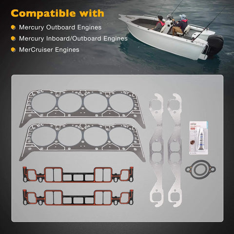 5.7L Engine Head Gasket Set With RTV Silicone Gasket Maker for Mercruiser Volvo Penta GM Marine V8 motors, laid out components