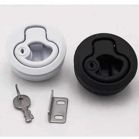Four pack marine flush pull latch set for RVs and boats, secure deck and cabinet doors with a durable ABS body and zinc alloy lock core