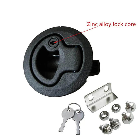 Four pack marine flush pull latch set for RVs and boats, black ABS body, zinc alloy lock core, includes keys and screws