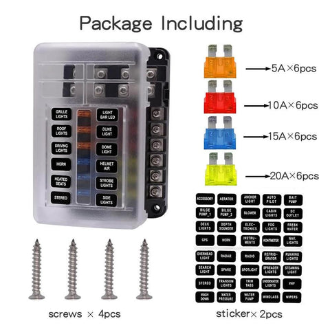 Marine Fuse Block Panel With LED Warning Indicator And Damp Proof Cover, 12 Circuits With Negative Bus And Screw Terminals, DC 12-24V