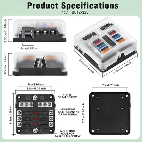 6 Way Marine Fuse Block Waterproof 12V And 24V Fuse Block With LED Indicator, showing dimensions and mounting details.