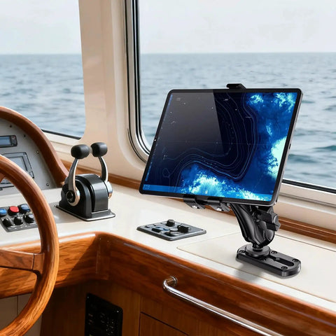 4 Inch Tough Track Kayak Mount Base With 1.5 Inch Ball T Bolt Track Rail on boat with GPS tablet installed, sea view