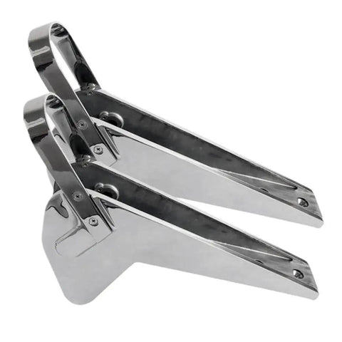 Front view of polished AISI 316 stainless steel marine anchor roller bracket with dual fluke arms