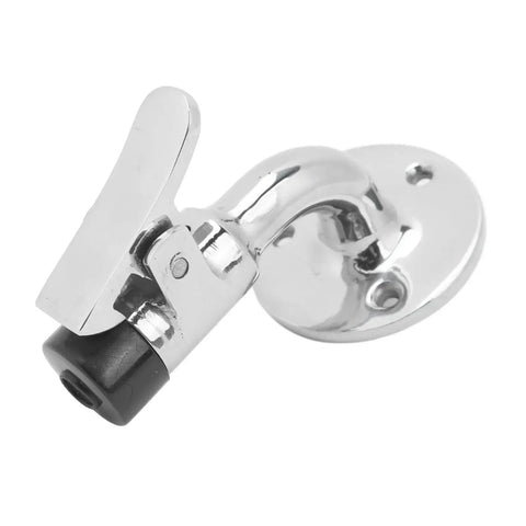 Close-up of marine door stopper latch set in polished stainless steel with base plate and lever