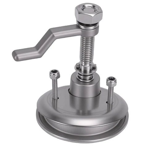 Front view of Bnineteam boat cam latch in stainless steel with lever handle and round mounting base.