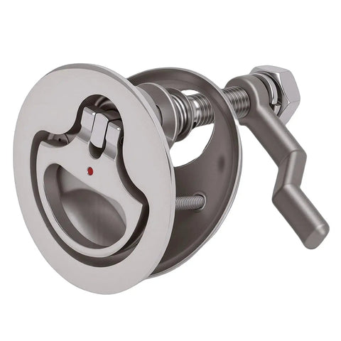 Boat cam latch, front view, 316 stainless steel with red dot indicator and adjustable arm, 2.05in hole.