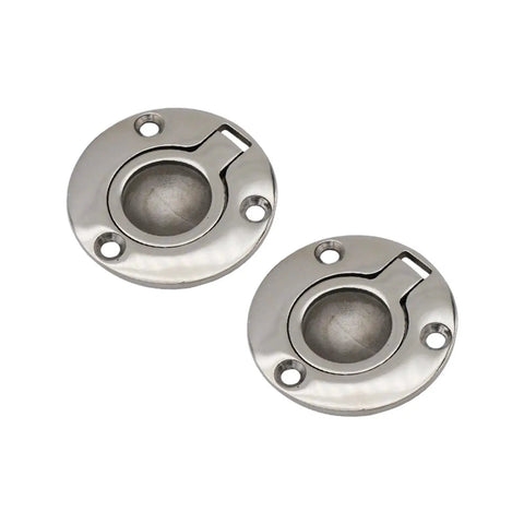 Two round stainless steel deck hatch locking plates with screw holes and butterfly bolt slot
