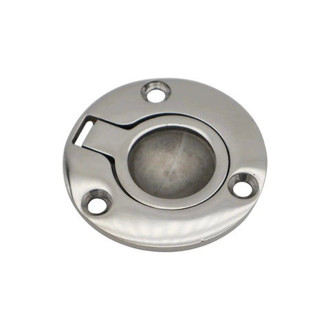 Round stainless steel deck hatch locking plate with three screw holes and butterfly bolt recess