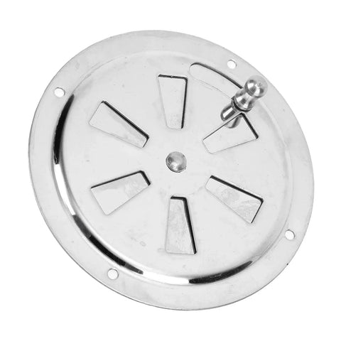 Round 4-inch stainless steel vent grill backplate with edge mounting holes and central pivot.