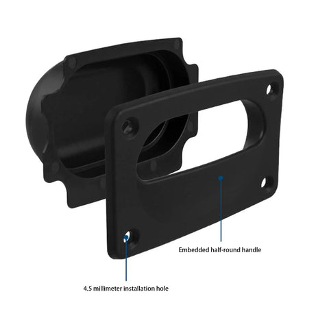 Front view of black ABS deck latch with embedded half-round handle and four 4.5 mm mounting holes