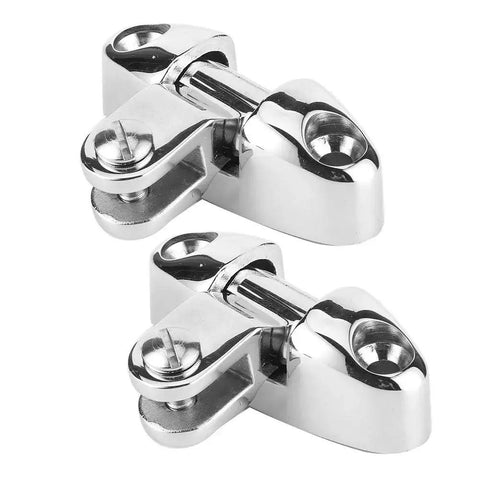 Two polished chrome stainless steel Bimini top deck hinges, 180-degree rotating marine hardware for boats