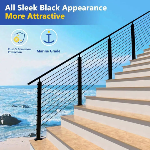 Marina view with sleek black cable railing system featuring Marine Grade Stainless Steel Angle Beveled Washer 0.35 Inch ID for 5/16 Cable.