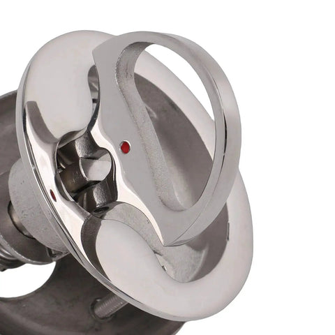Close-up of Depisuta boat cam latch in 316 stainless steel with red indicator dot and adjustable arm