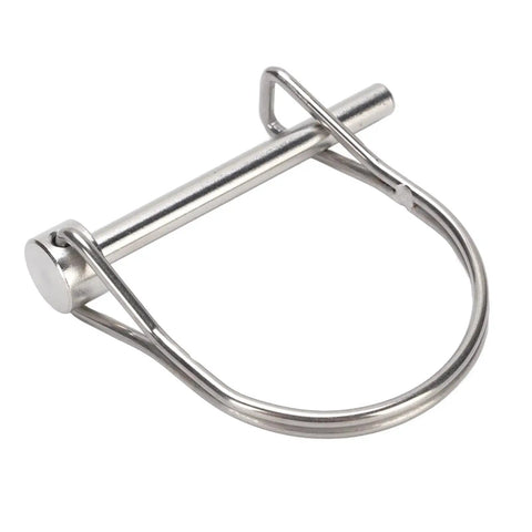 Safety coupler pin, close-up view, 6.3x50mm, marine-grade 316 stainless steel with wire loop.
