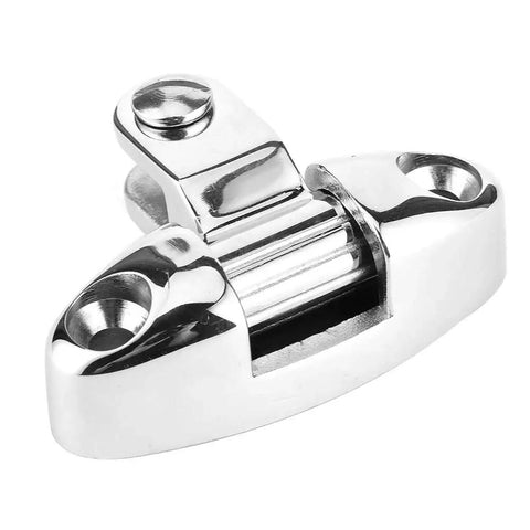 Bimini top deck hinge, close-up view; stainless steel 180-degree rotating marine hardware.