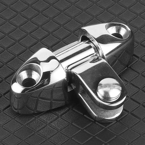 Bimini top deck hinge, close-up view, stainless steel, 180-degree rotating marine hardware for boats