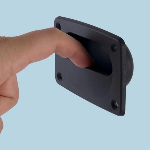Front view of black ABS embedded deck latch plate with four screw holes