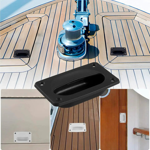 Set of four ABS embedded deck latches for boat decks; black oval recessed pull and white variants shown.