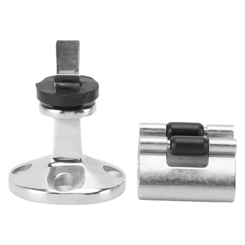 Qqmora door stopper catch and holder set in polished marine-grade 316 stainless steel with black rubber bumpers, 2-piece set