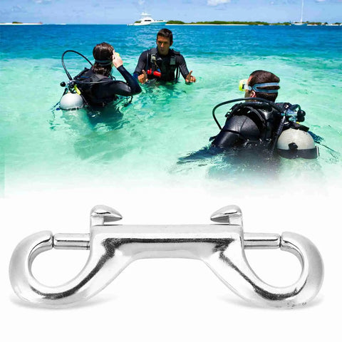 Close-up of Hamwesh double-ended snap hook in 316 marine-grade stainless steel, 77mm, one-hand trigger