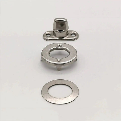 Front view: stainless steel twist-lock canvas fasteners; marine-grade base plate, turn-button stud, eyelet, and washer.