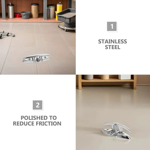 Two 5-inch stainless steel folding boat dock cleats for rope mooring, front view.