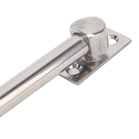 Close-up of marine-grade stainless steel boat hatch lid stay with mounting base