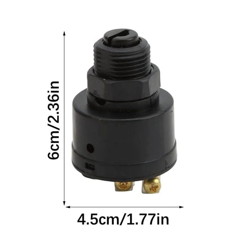 Front view of black panel-mount push-button switch with threaded shaft, hex nut, and two brass terminals