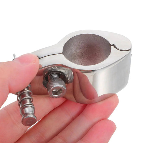 Close-up of marine-grade stainless steel jaw slide clamp for bimini canopy; hinged clip with mounting screw